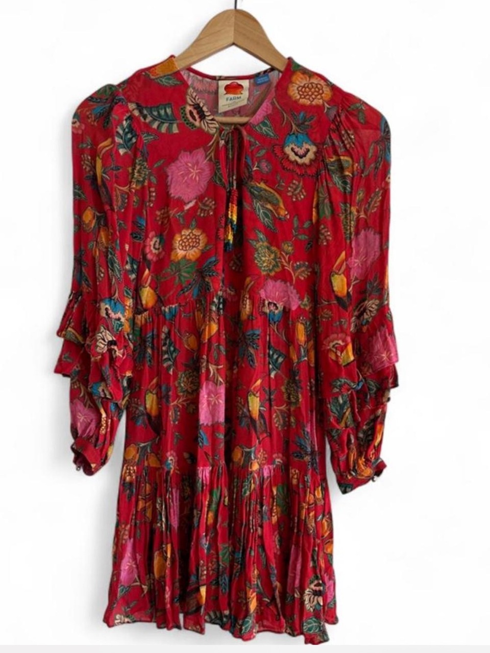 Farm Rio Anthropologie Tropical Toucan Tiered Mini Dress XS Petite Boho - Picture 2 of 8